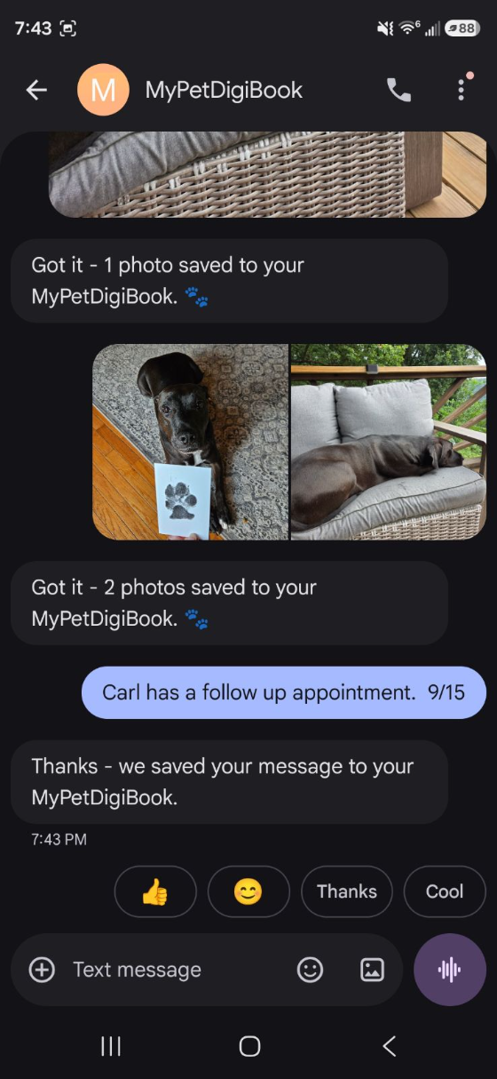 Texting photos and notes to MyPetDigiBook